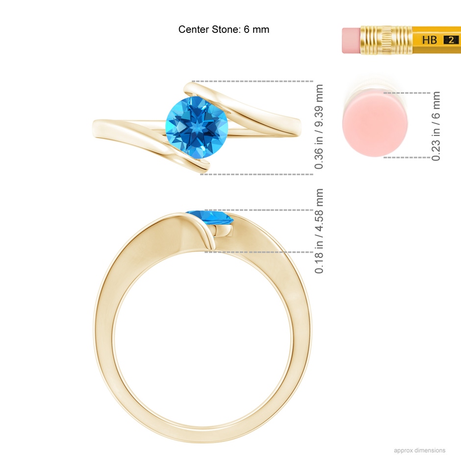 6mm AAAA Bar-Set Solitaire Round Swiss Blue Topaz Bypass Ring in Yellow Gold ruler