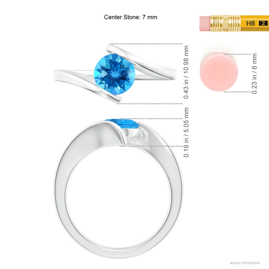 7mm AAAA Bar-Set Solitaire Round Swiss Blue Topaz Bypass Ring in White Gold ruler