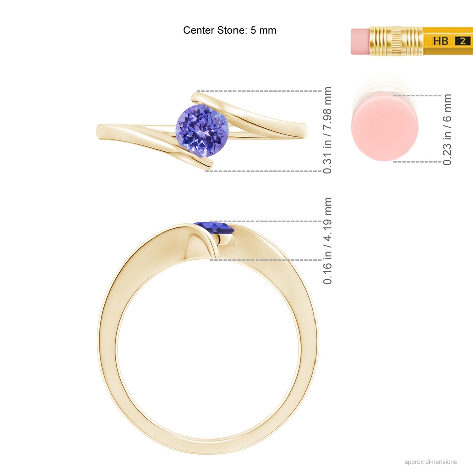 5mm AAA Bar-Set Solitaire Round Tanzanite Bypass Ring in Yellow Gold ruler