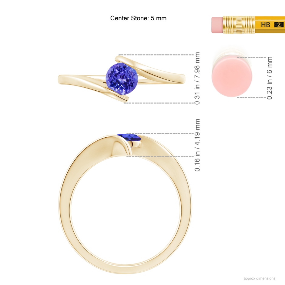 5mm AAAA Bar-Set Solitaire Round Tanzanite Bypass Ring in Yellow Gold ruler