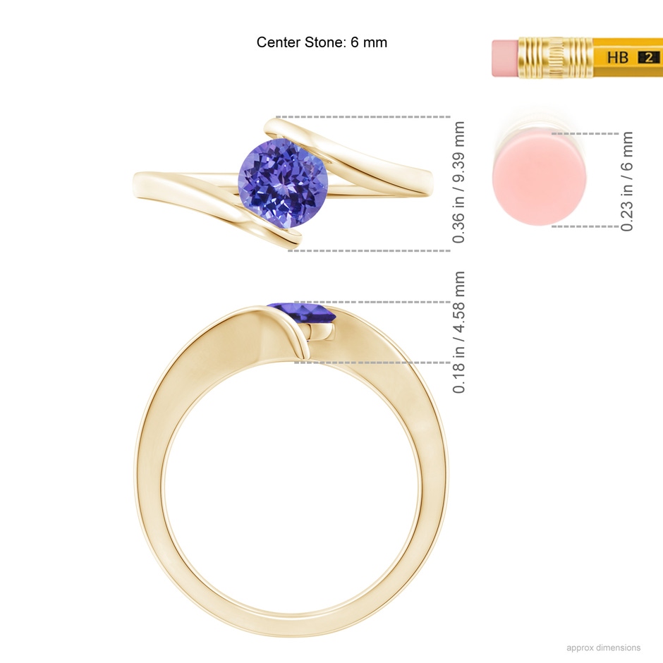 6mm AA Bar-Set Solitaire Round Tanzanite Bypass Ring in Yellow Gold ruler