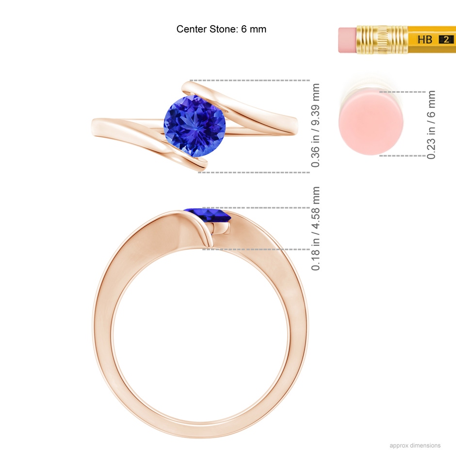 6mm AAA Bar-Set Solitaire Round Tanzanite Bypass Ring in Rose Gold ruler