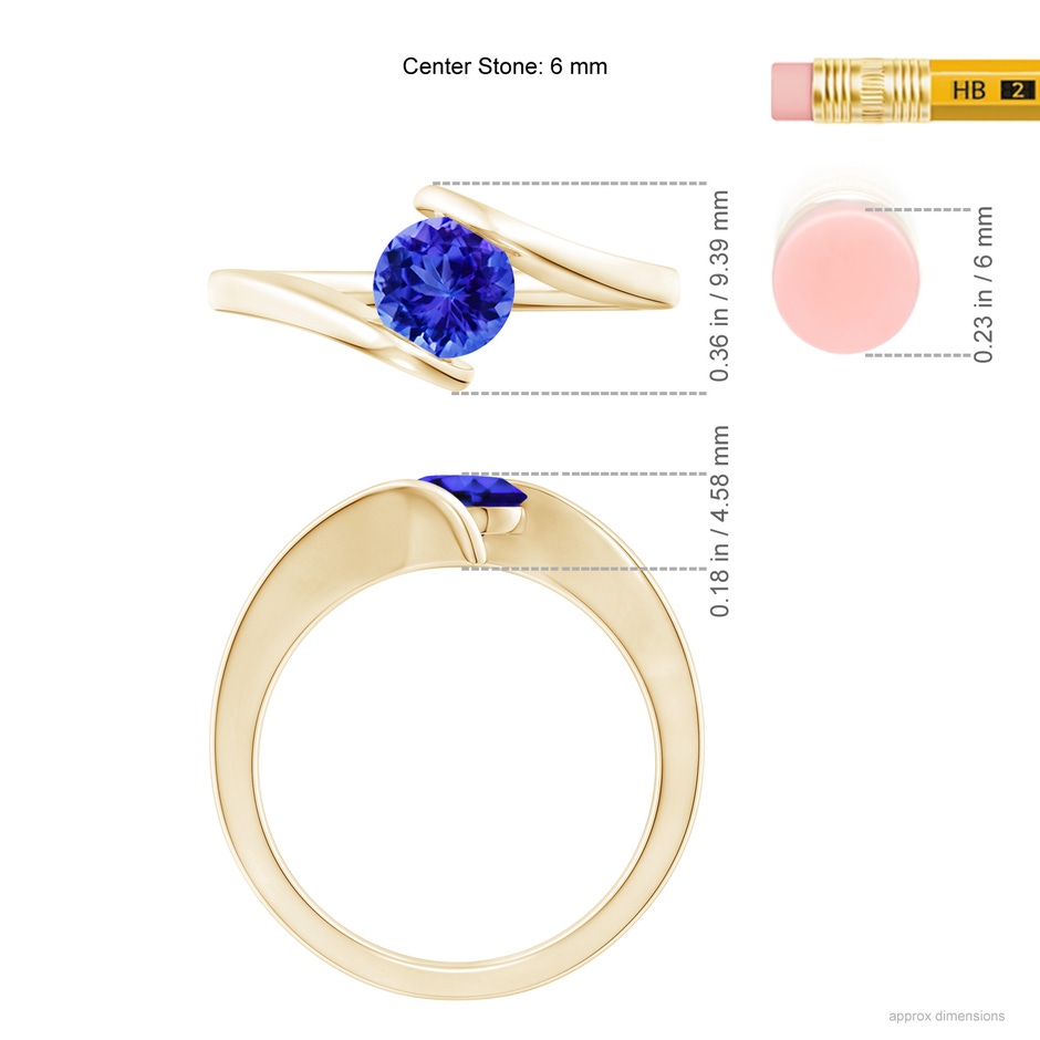 6mm AAA Bar-Set Solitaire Round Tanzanite Bypass Ring in Yellow Gold ruler