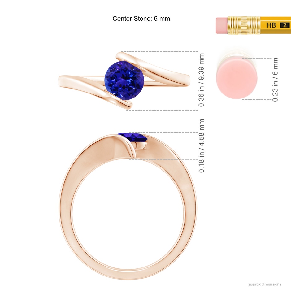 6mm AAAA Bar-Set Solitaire Round Tanzanite Bypass Ring in Rose Gold ruler