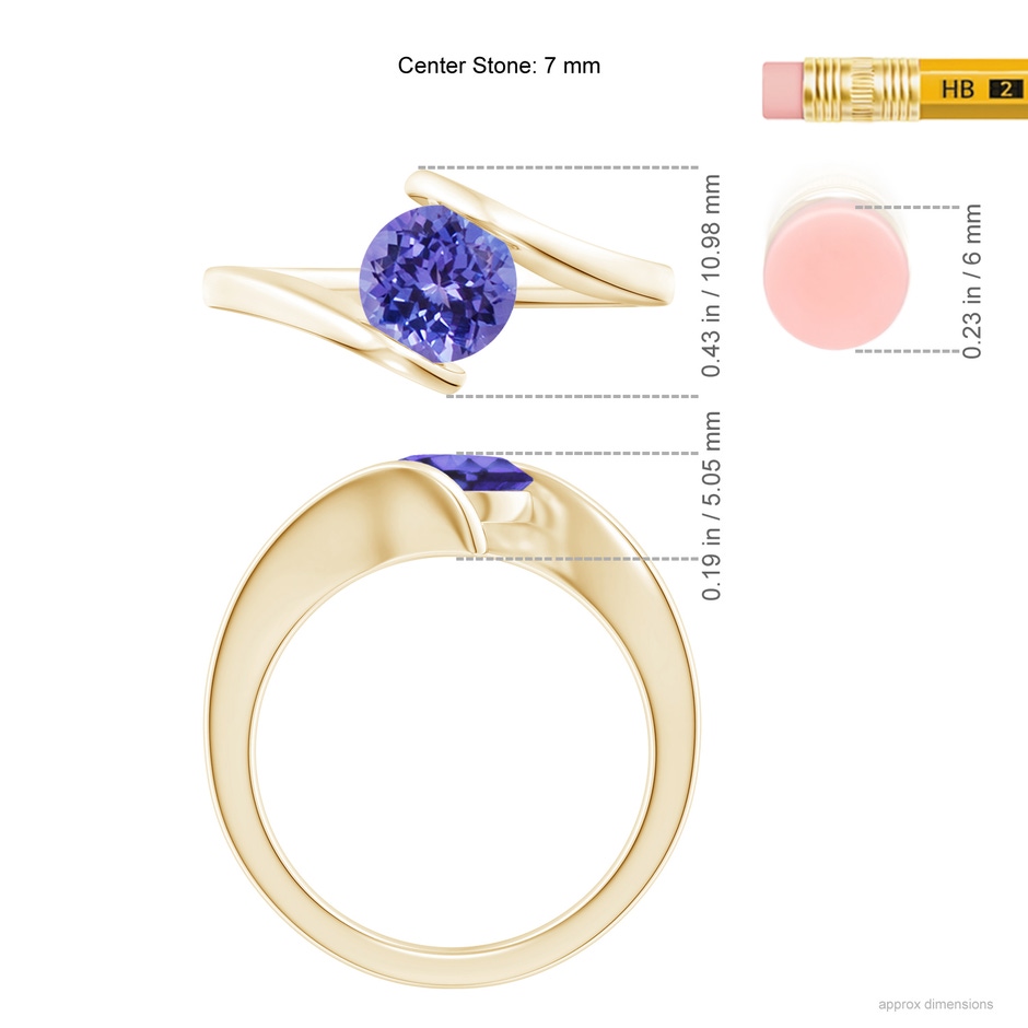 7mm AA Bar-Set Solitaire Round Tanzanite Bypass Ring in Yellow Gold ruler