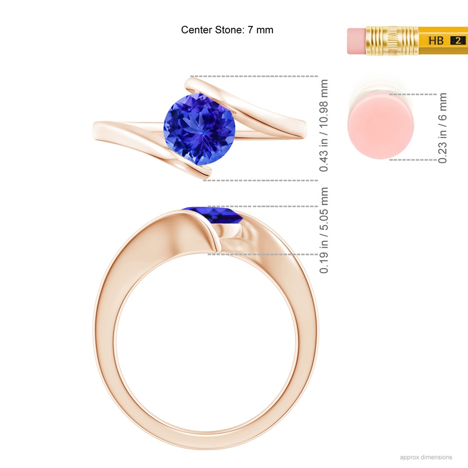 7mm AAA Bar-Set Solitaire Round Tanzanite Bypass Ring in Rose Gold ruler