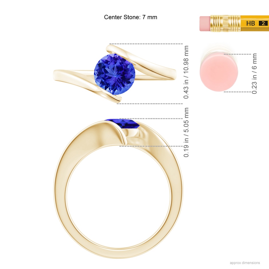 7mm AAA Bar-Set Solitaire Round Tanzanite Bypass Ring in Yellow Gold ruler