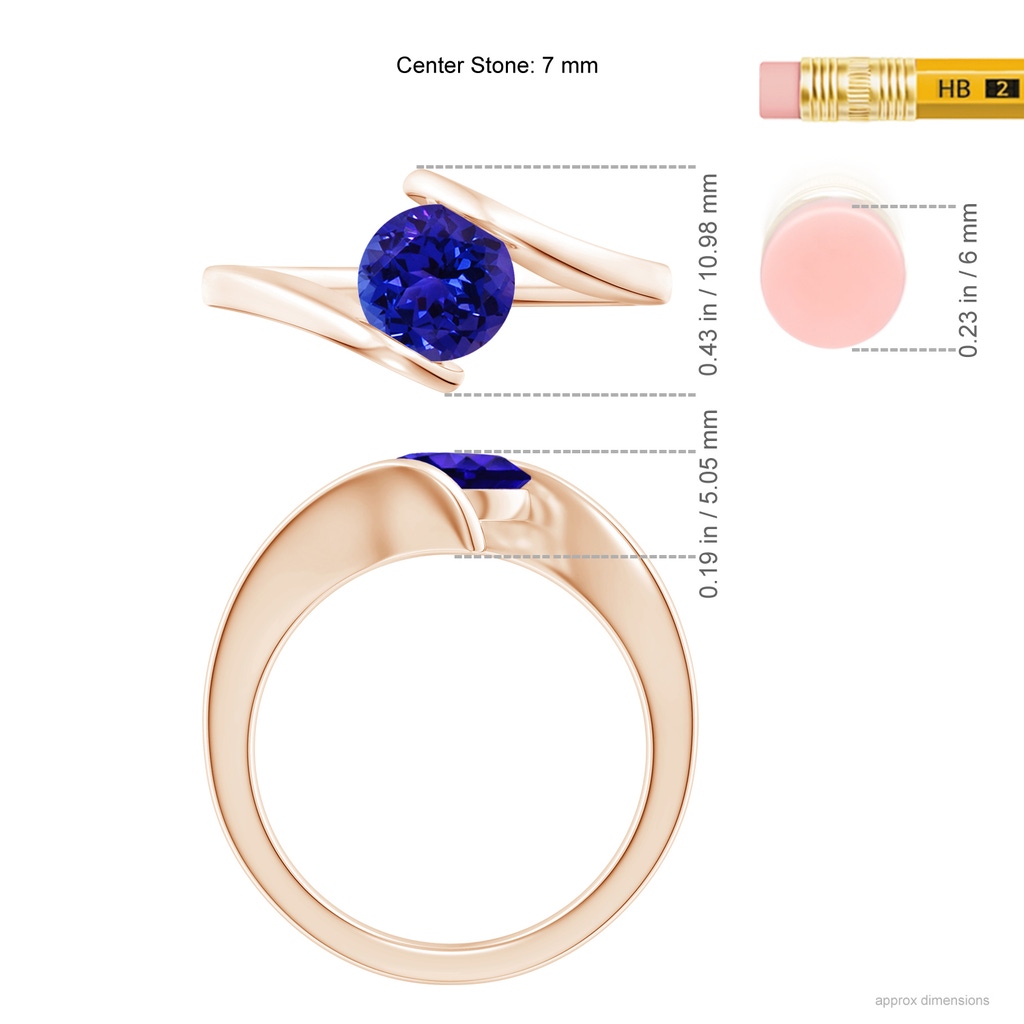 7mm AAAA Bar-Set Solitaire Round Tanzanite Bypass Ring in Rose Gold Ruler