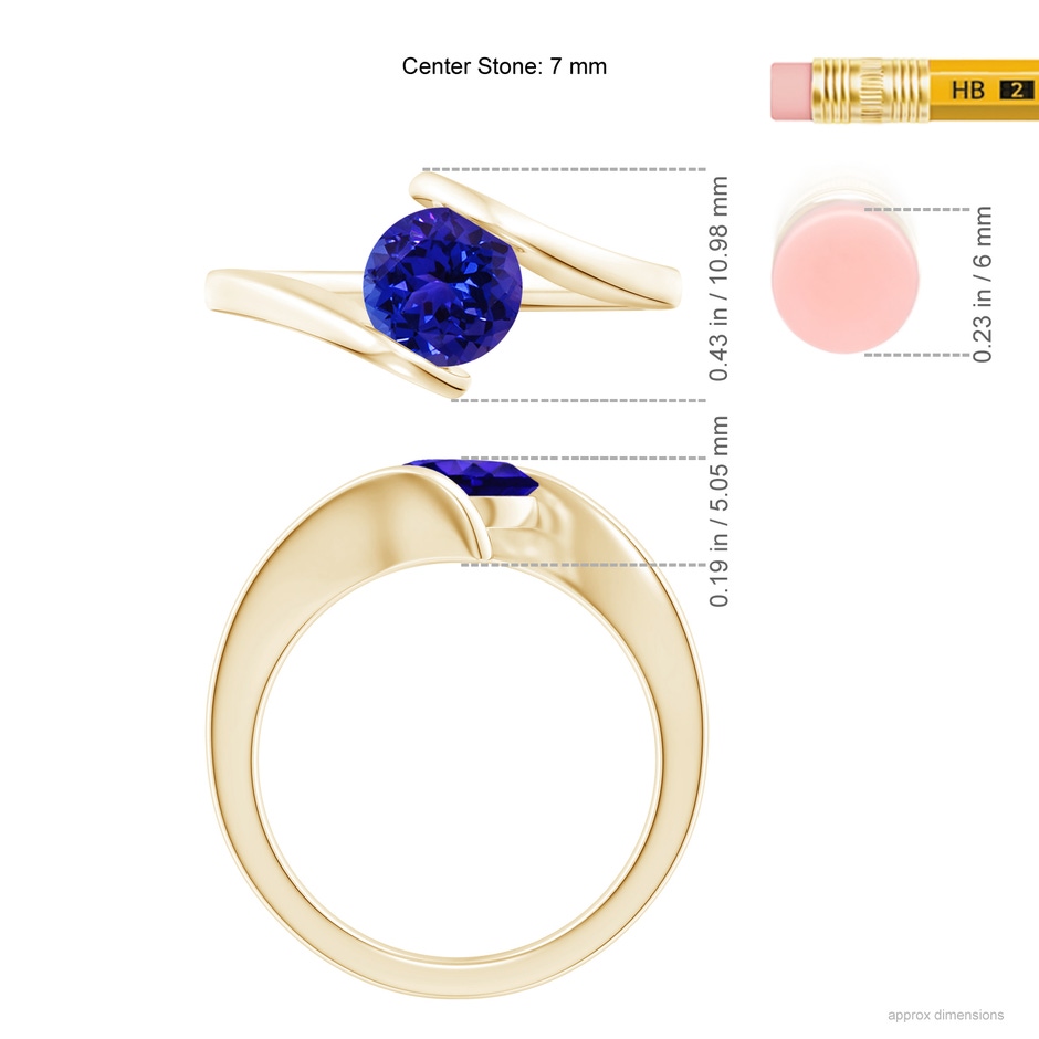 7mm AAAA Bar-Set Solitaire Round Tanzanite Bypass Ring in Yellow Gold ruler