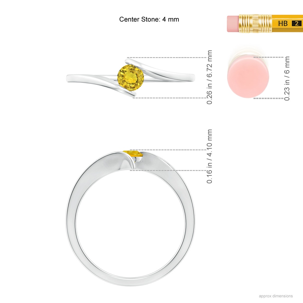 4mm AAAA Bar-Set Solitaire Round Yellow Sapphire Bypass Ring in White Gold Ruler