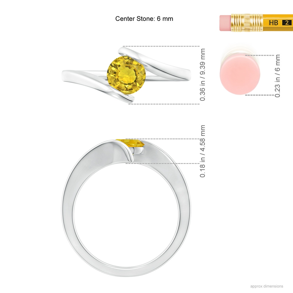6mm AAAA Bar-Set Solitaire Round Yellow Sapphire Bypass Ring in White Gold Ruler