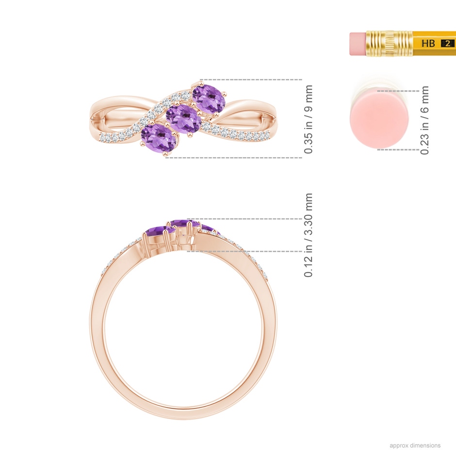 4x3mm A Oval Amethyst Three Stone Bypass Ring with Diamonds in Rose Gold ruler