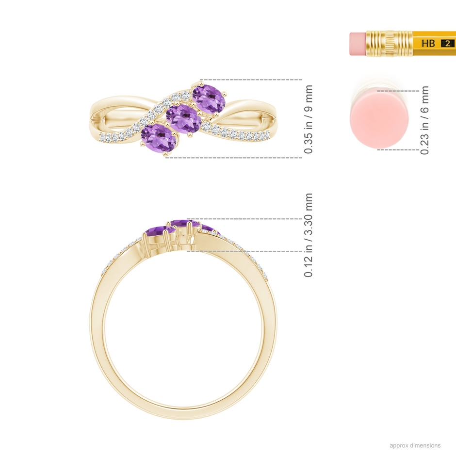 4x3mm A Oval Amethyst Three Stone Bypass Ring with Diamonds in Yellow Gold ruler