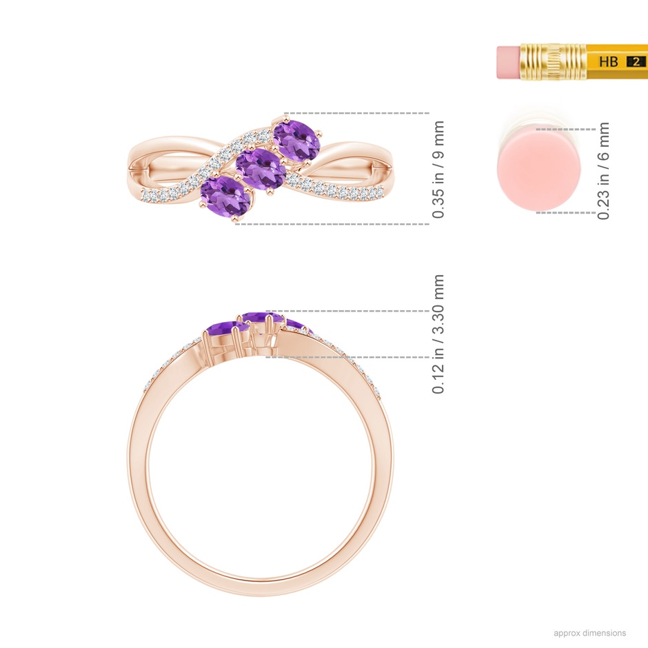 4x3mm AA Oval Amethyst Three Stone Bypass Ring with Diamonds in Rose Gold ruler