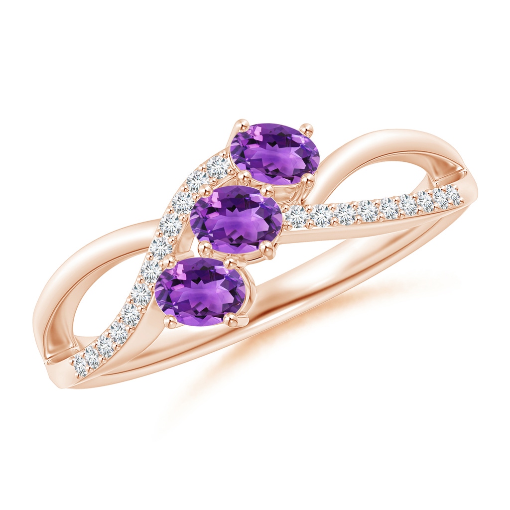 4x3mm AAA Oval Amethyst Three Stone Bypass Ring with Diamonds in Rose Gold