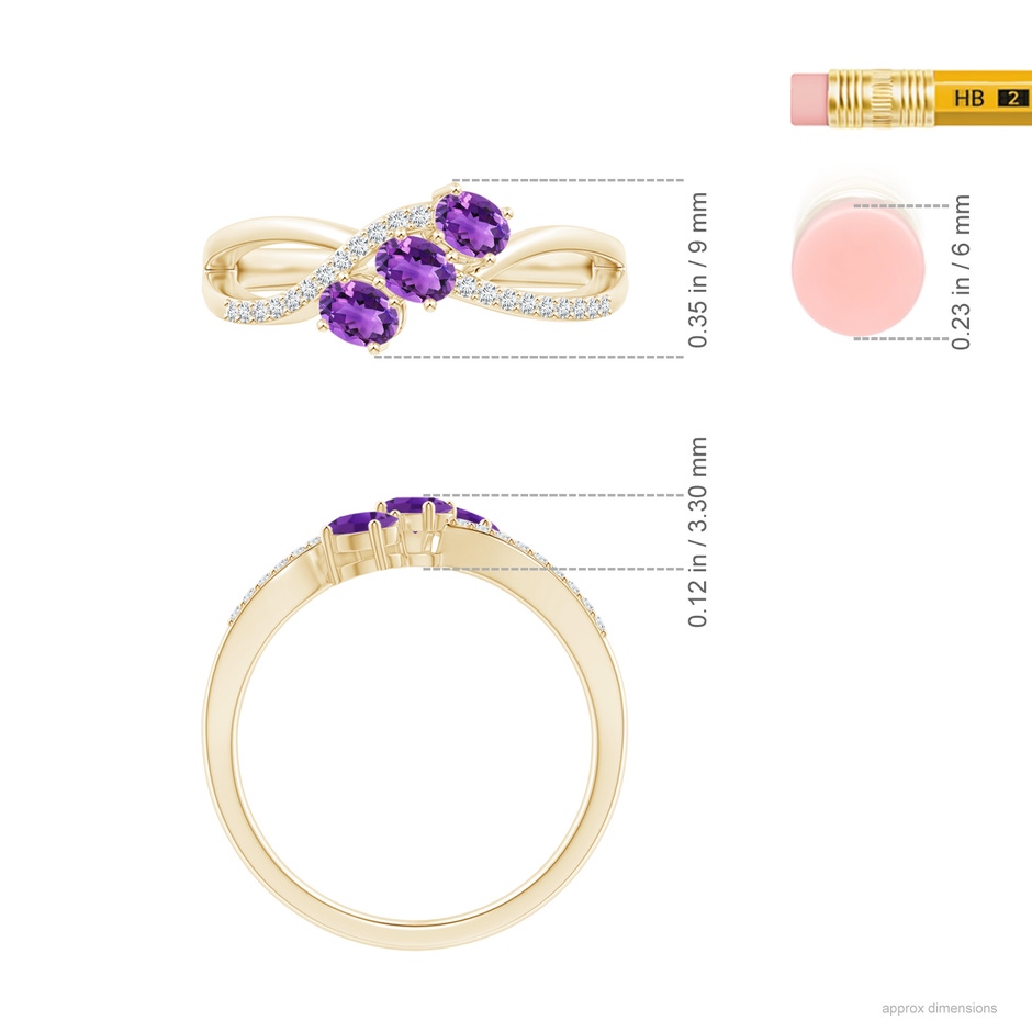 4x3mm AAA Oval Amethyst Three Stone Bypass Ring with Diamonds in Yellow Gold ruler