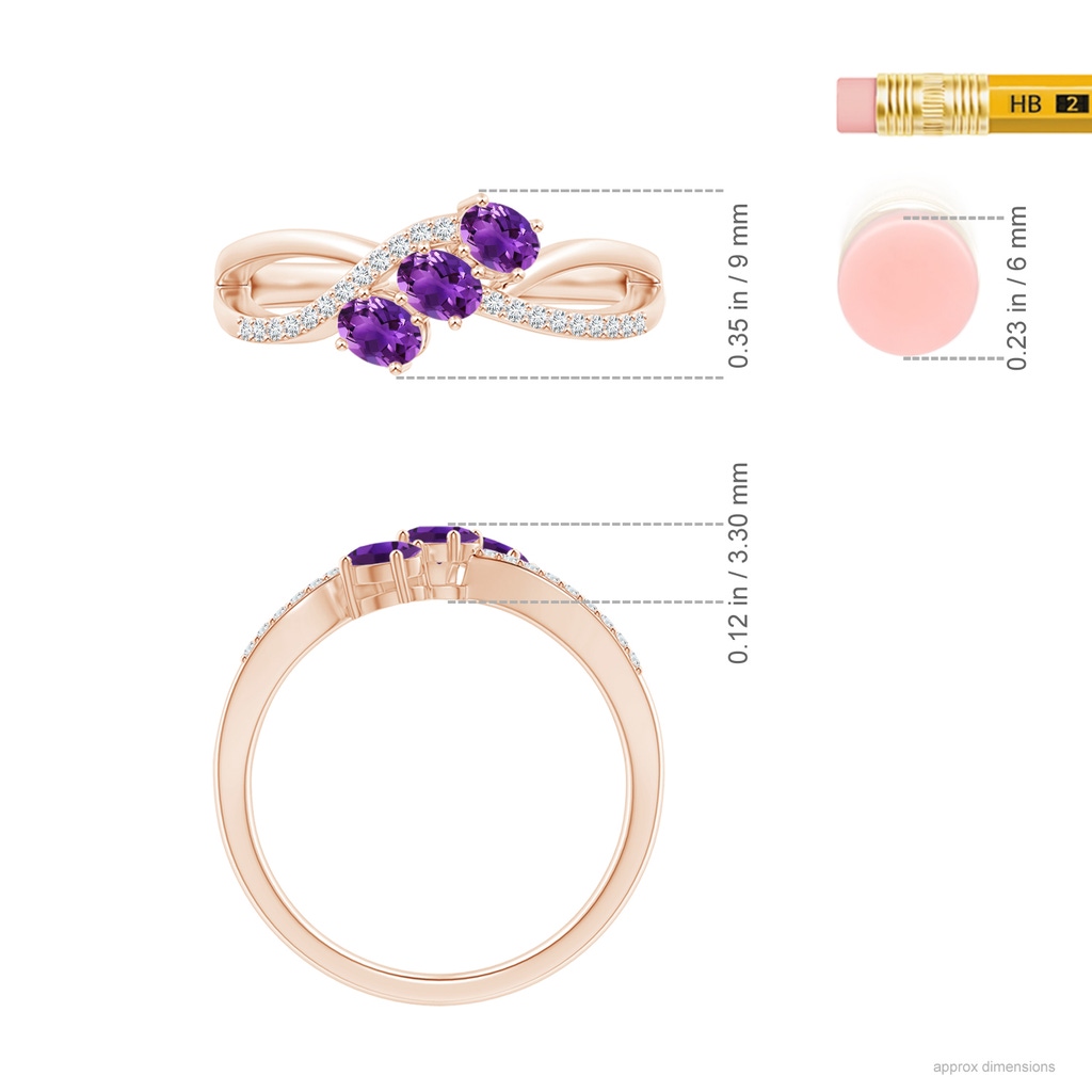 4x3mm AAAA Oval Amethyst Three Stone Bypass Ring with Diamonds in Rose Gold Ruler