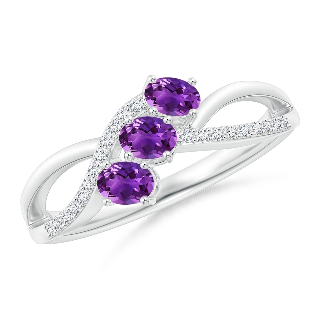 4x3mm AAAA Oval Amethyst Three Stone Bypass Ring with Diamonds in White Gold