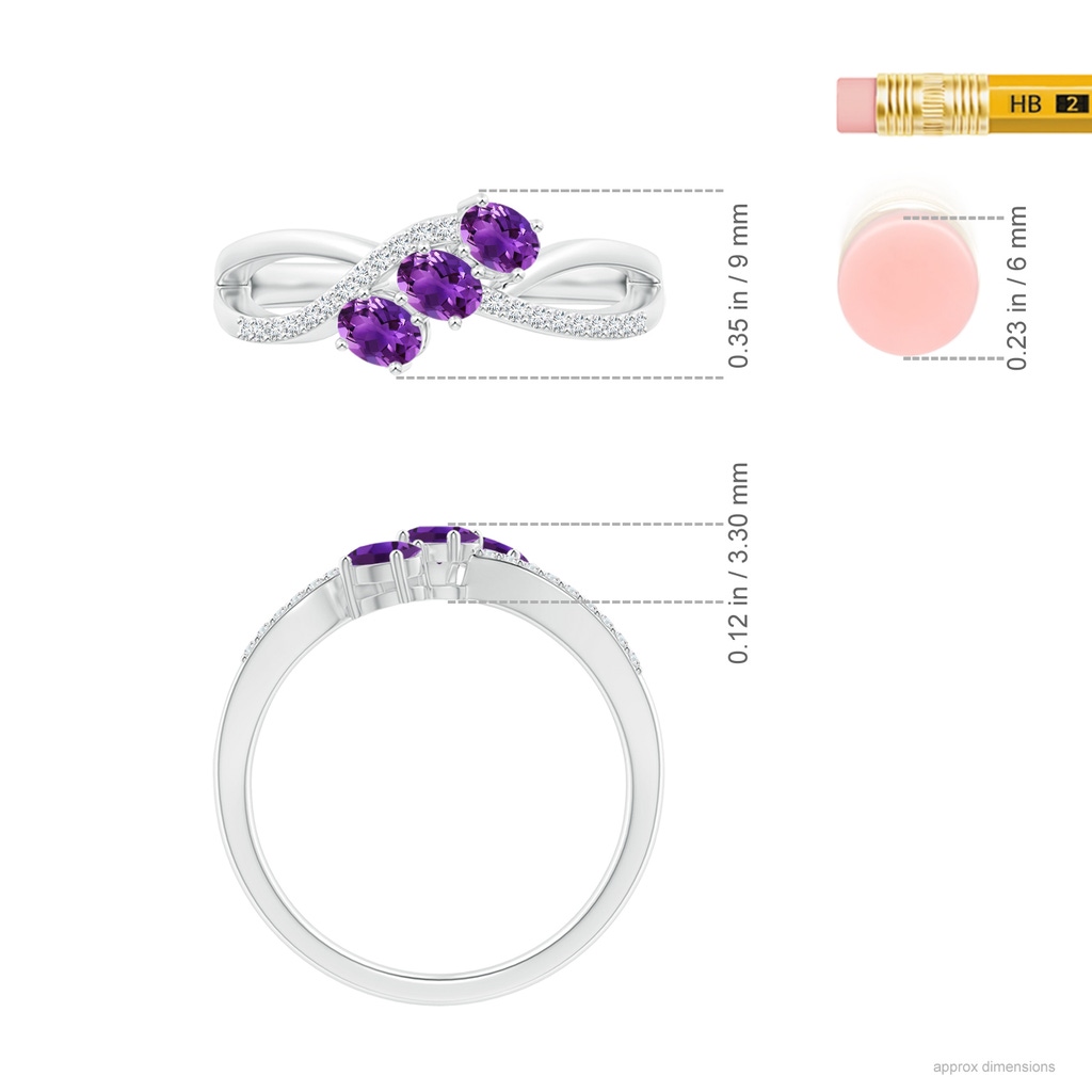 4x3mm AAAA Oval Amethyst Three Stone Bypass Ring with Diamonds in White Gold Ruler