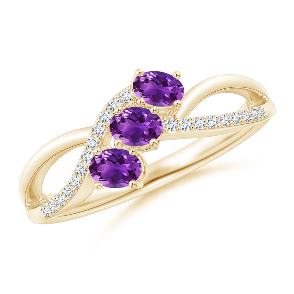 4x3mm AAAA Oval Amethyst Three Stone Bypass Ring with Diamonds in Yellow Gold