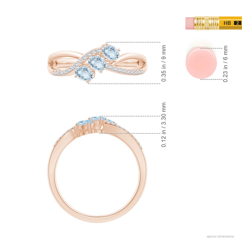 4x3mm A Oval Aquamarine Three Stone Bypass Ring with Diamonds in Rose Gold ruler
