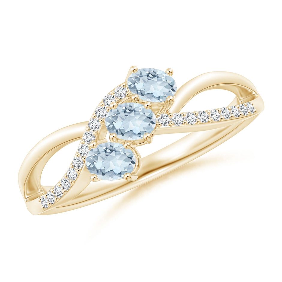 4x3mm A Oval Aquamarine Three Stone Bypass Ring with Diamonds in Yellow Gold 