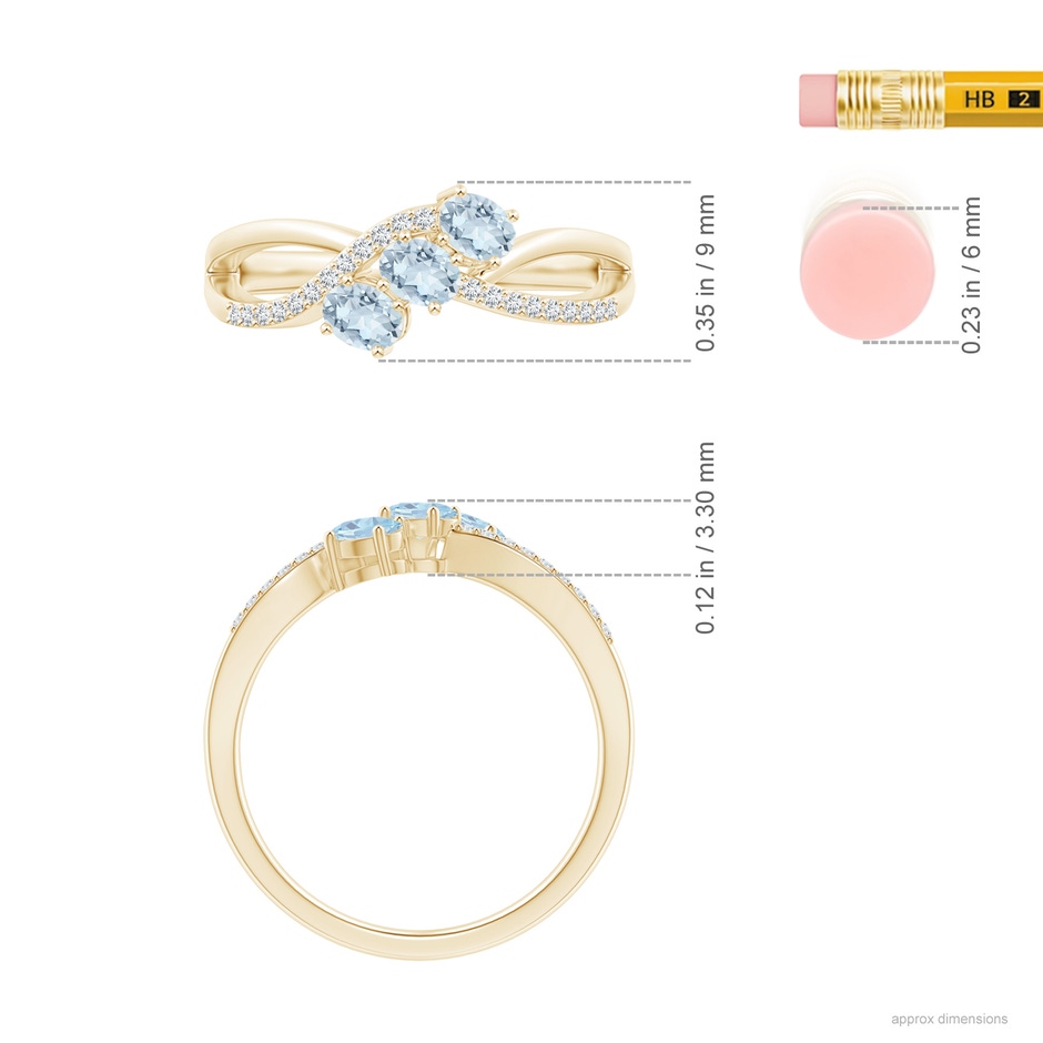 4x3mm A Oval Aquamarine Three Stone Bypass Ring with Diamonds in Yellow Gold ruler
