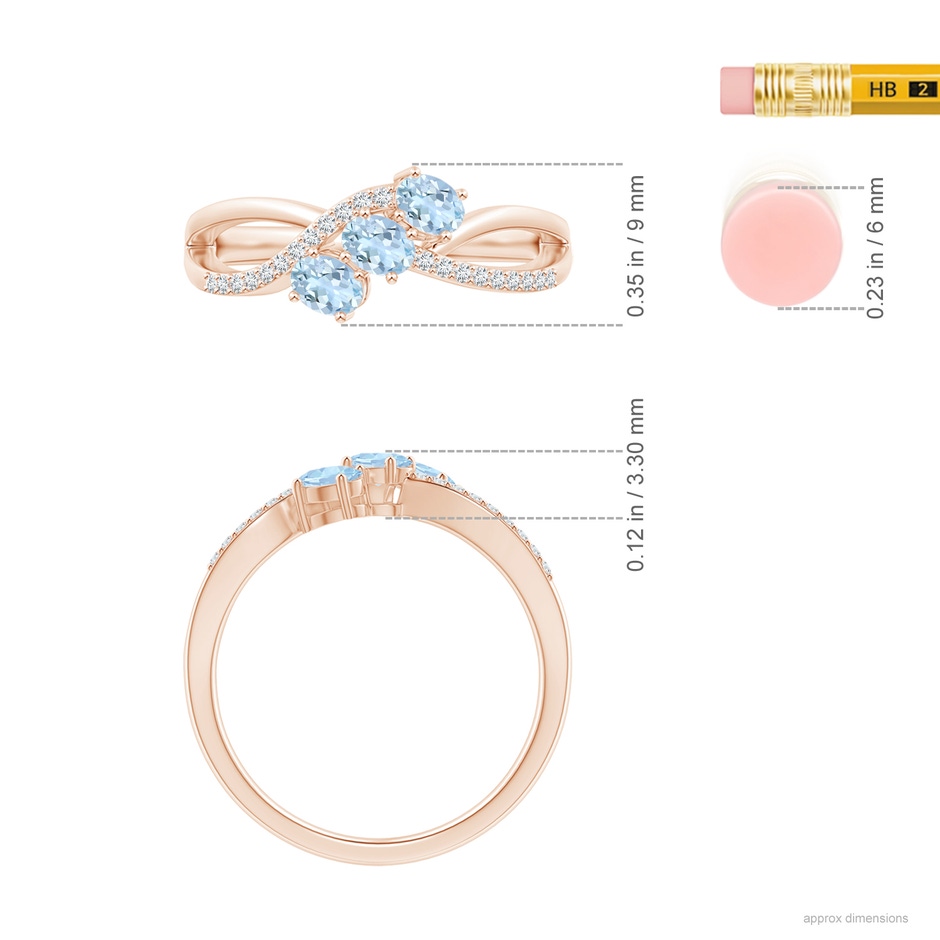 4x3mm AA Oval Aquamarine Three Stone Bypass Ring with Diamonds in Rose Gold ruler