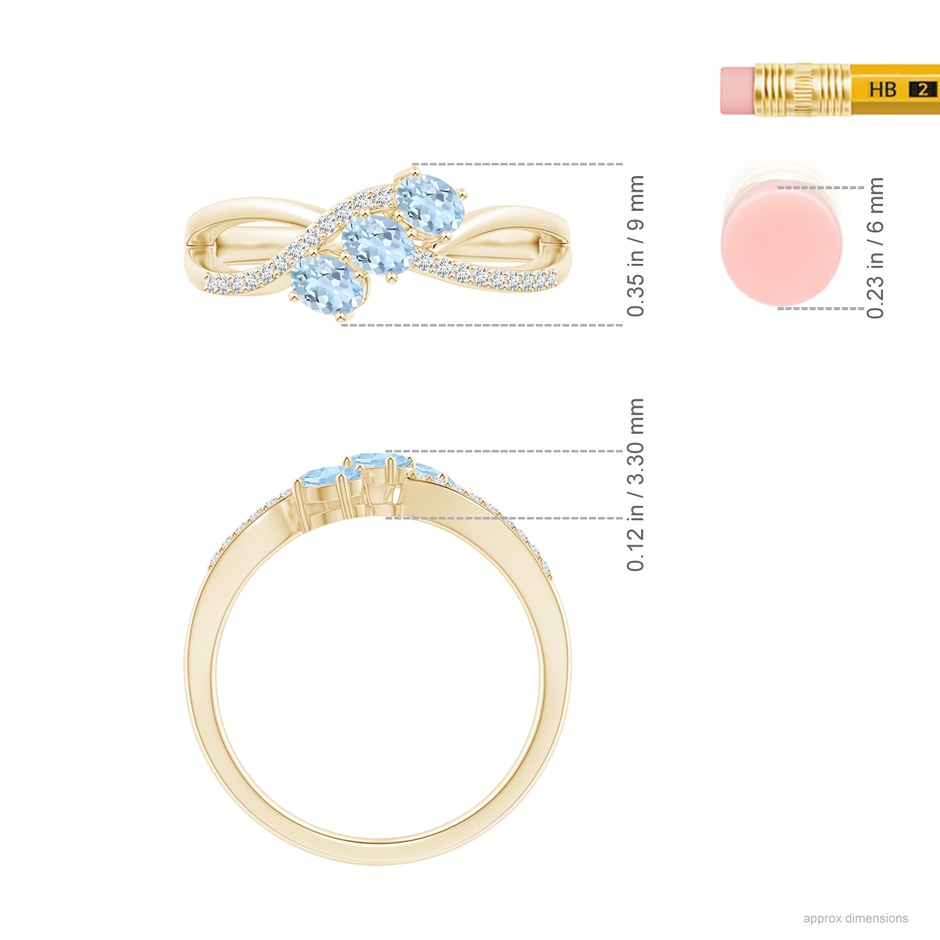 4x3mm AA Oval Aquamarine Three Stone Bypass Ring with Diamonds in Yellow Gold ruler