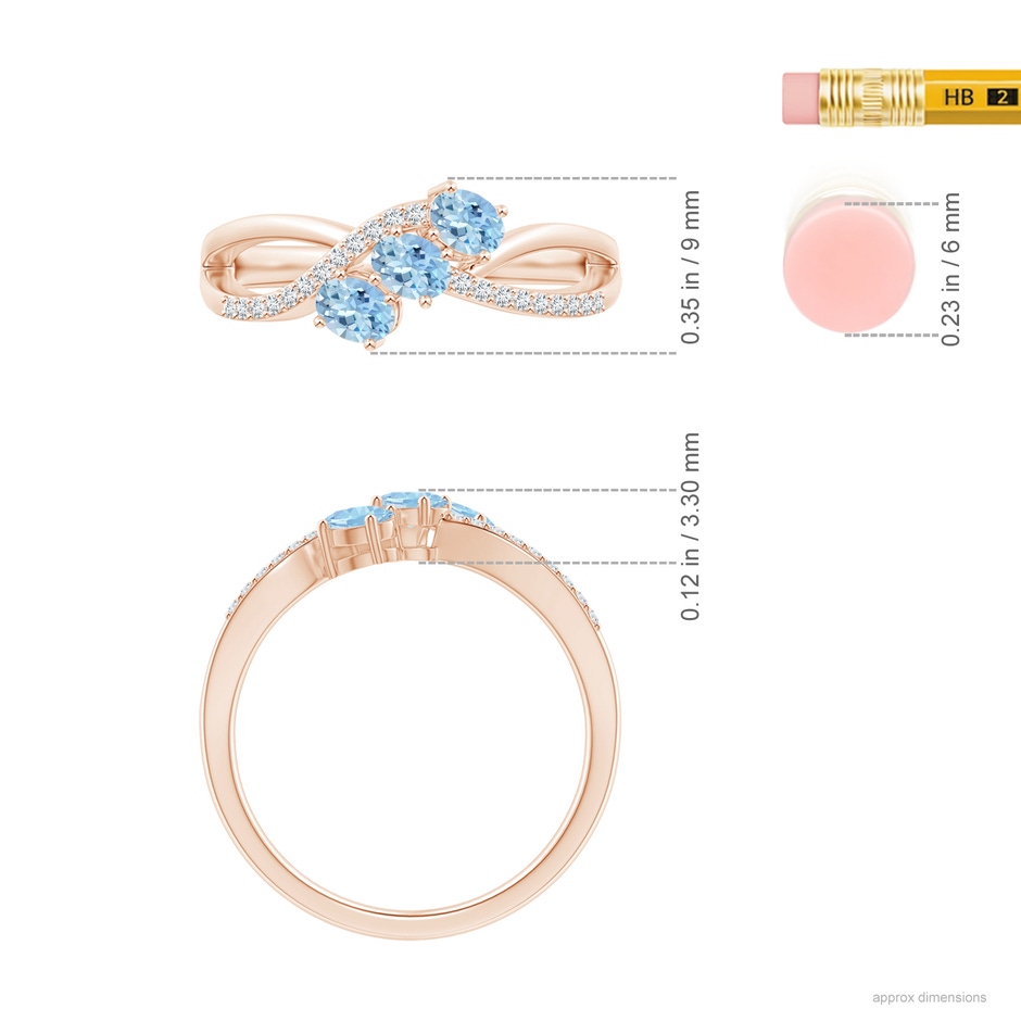 4x3mm AAA Oval Aquamarine Three Stone Bypass Ring with Diamonds in Rose Gold ruler