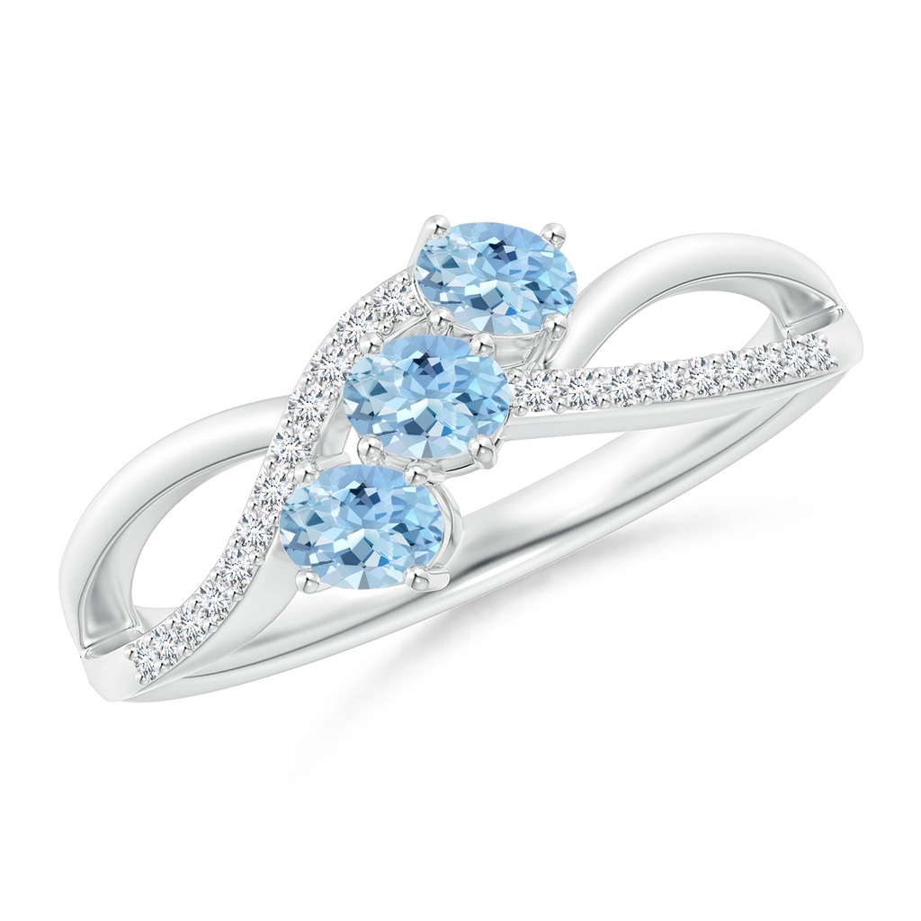 4x3mm AAA Oval Aquamarine Three Stone Bypass Ring with Diamonds in White Gold
