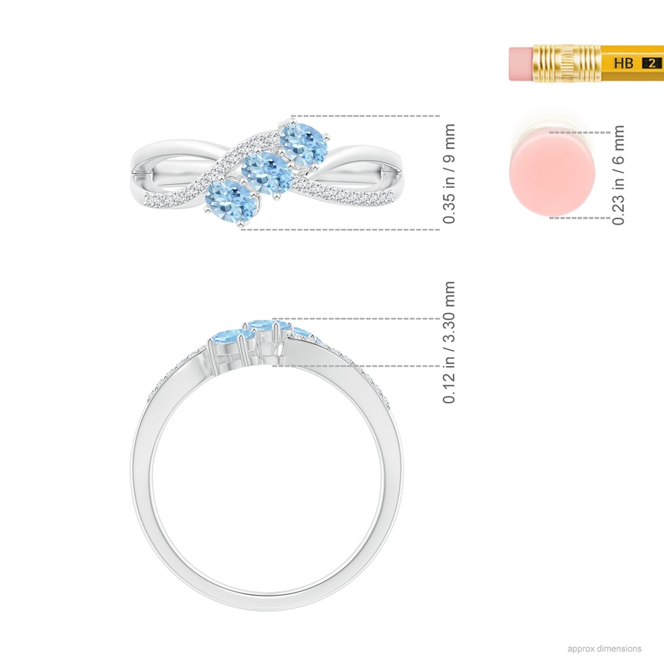 4x3mm AAA Oval Aquamarine Three Stone Bypass Ring with Diamonds in White Gold ruler