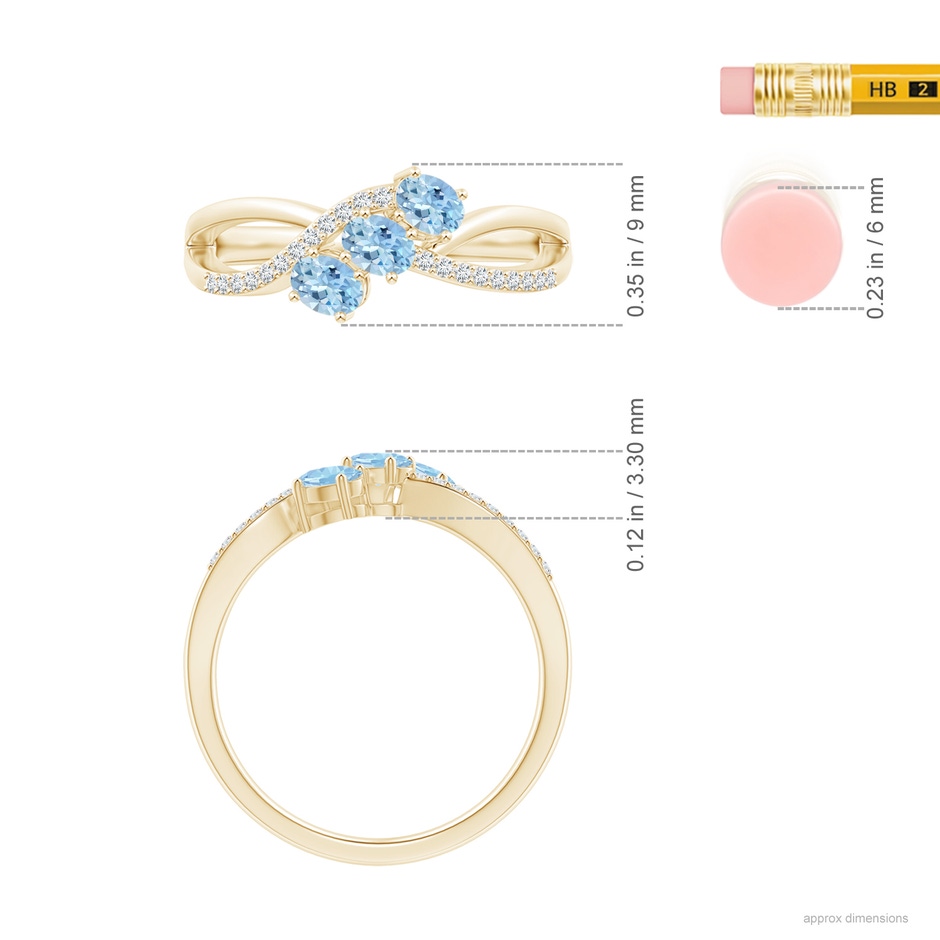 4x3mm AAA Oval Aquamarine Three Stone Bypass Ring with Diamonds in Yellow Gold ruler