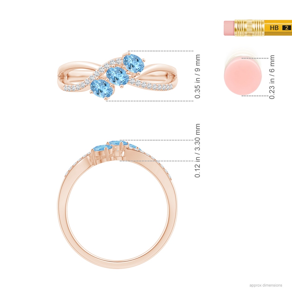 4x3mm AAAA Oval Aquamarine Three Stone Bypass Ring with Diamonds in Rose Gold ruler