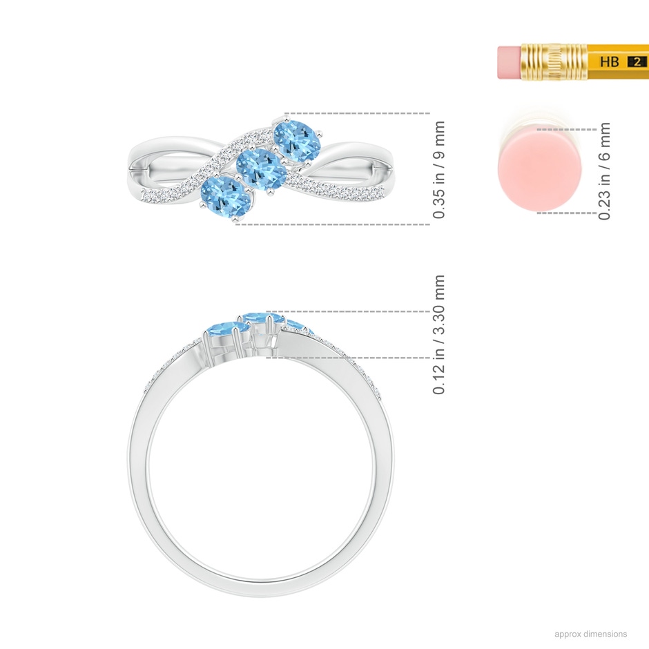 4x3mm AAAA Oval Aquamarine Three Stone Bypass Ring with Diamonds in White Gold ruler