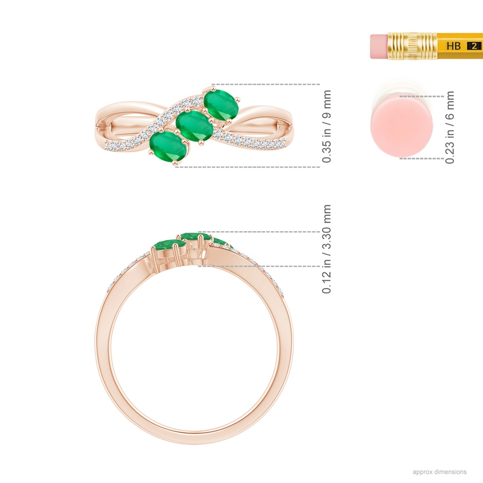 4x3mm A Oval Emerald Three Stone Bypass Ring with Diamonds in Rose Gold ruler