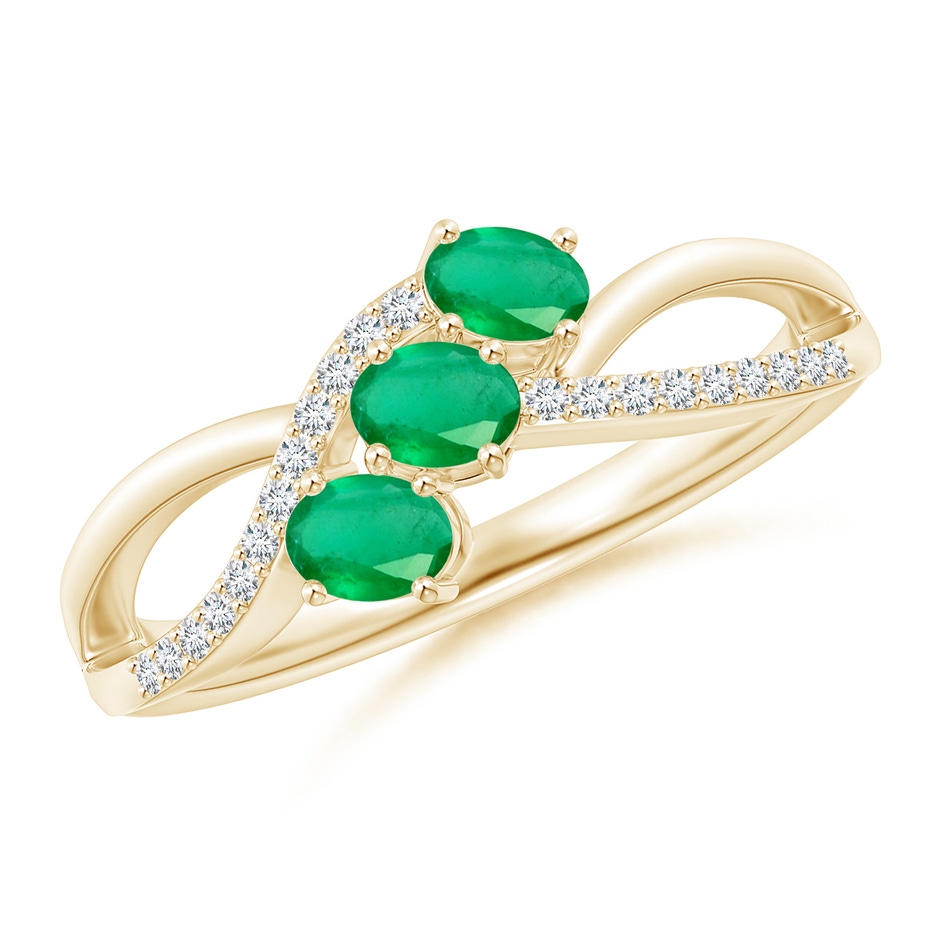 4x3mm A Oval Emerald Three Stone Bypass Ring with Diamonds in Yellow Gold 