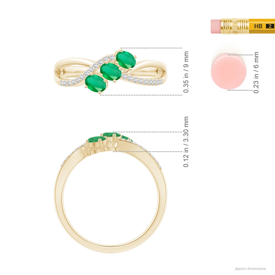 4x3mm A Oval Emerald Three Stone Bypass Ring with Diamonds in Yellow Gold ruler