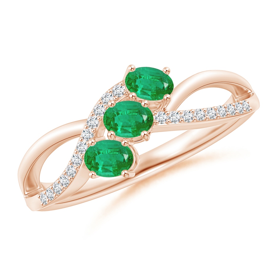 4x3mm AA Oval Emerald Three Stone Bypass Ring with Diamonds in Rose Gold 