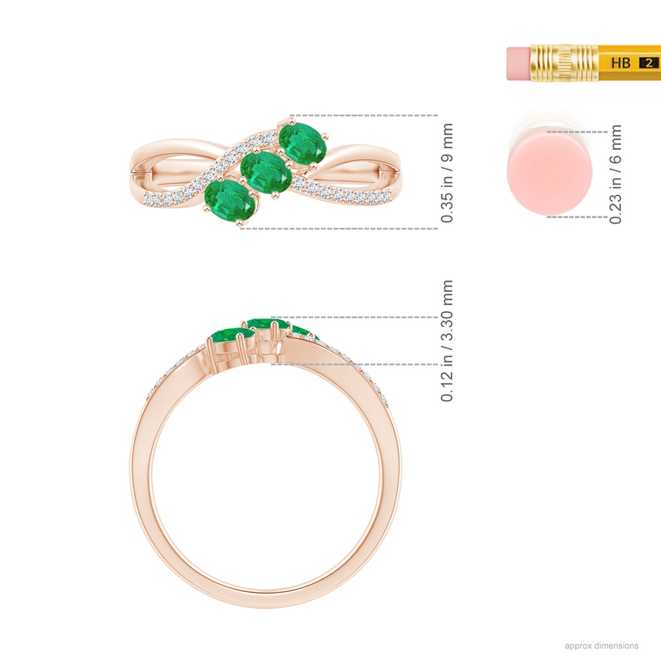 4x3mm AA Oval Emerald Three Stone Bypass Ring with Diamonds in Rose Gold ruler