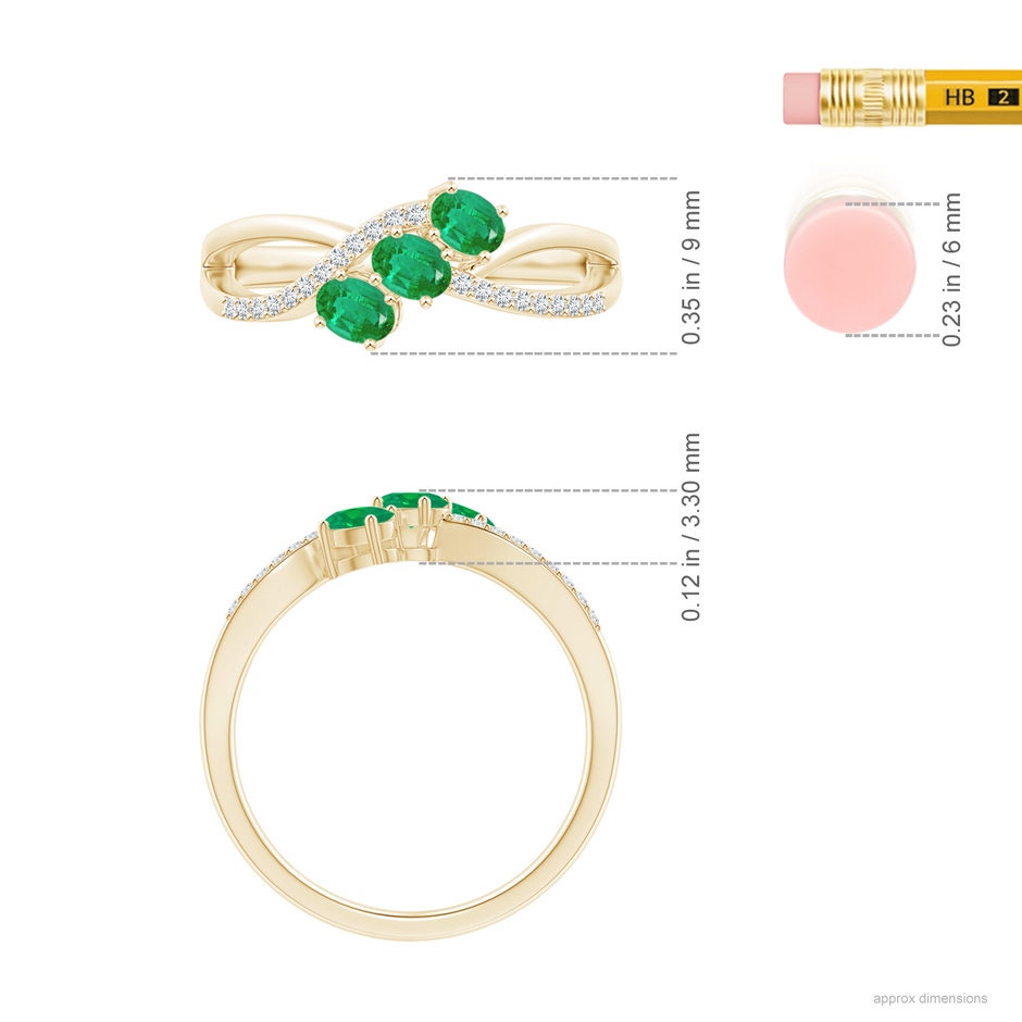 4x3mm AA Oval Emerald Three Stone Bypass Ring with Diamonds in Yellow Gold ruler