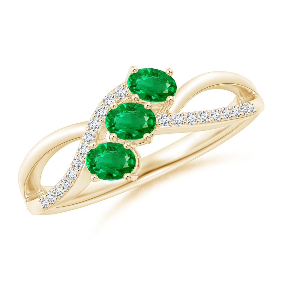 4x3mm AAA Oval Emerald Three Stone Bypass Ring with Diamonds in Yellow Gold 
