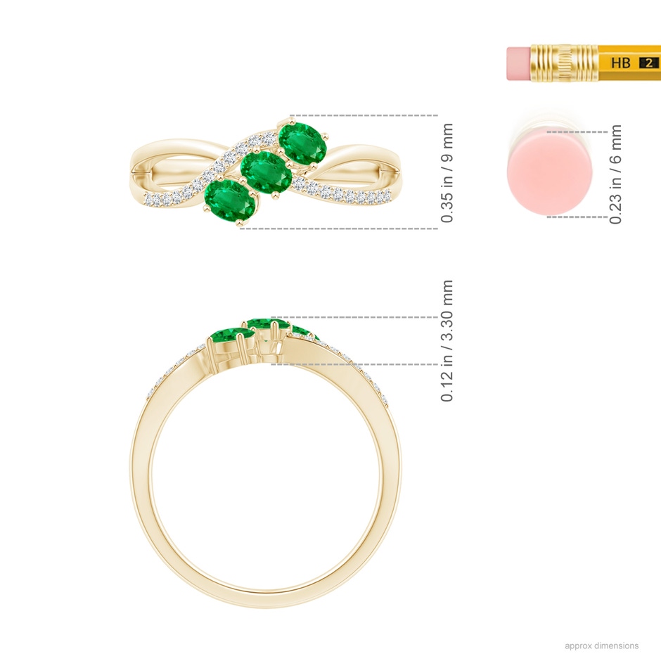 4x3mm AAA Oval Emerald Three Stone Bypass Ring with Diamonds in Yellow Gold ruler