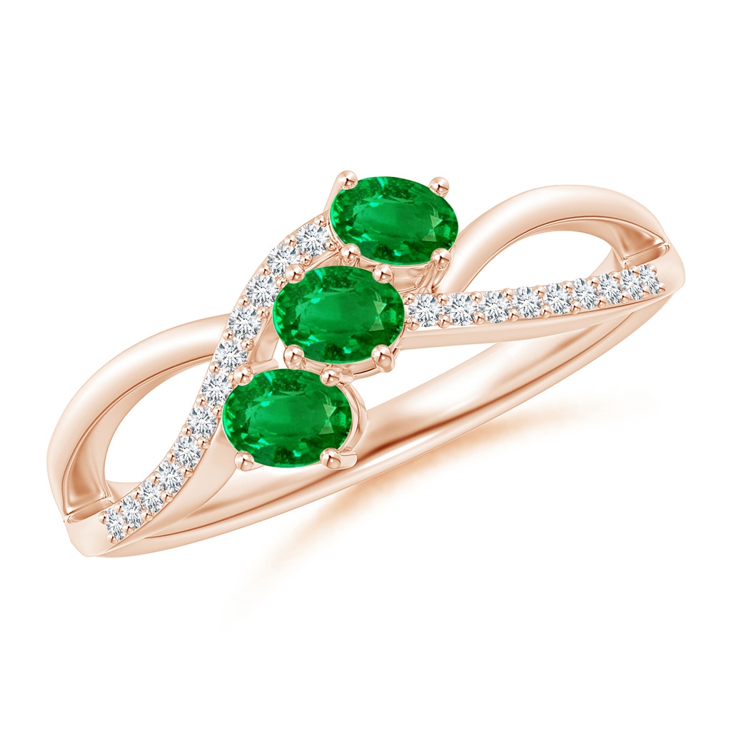 4x3mm AAAA Oval Emerald Three Stone Bypass Ring with Diamonds in Rose Gold