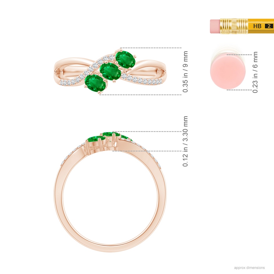 4x3mm AAAA Oval Emerald Three Stone Bypass Ring with Diamonds in Rose Gold ruler