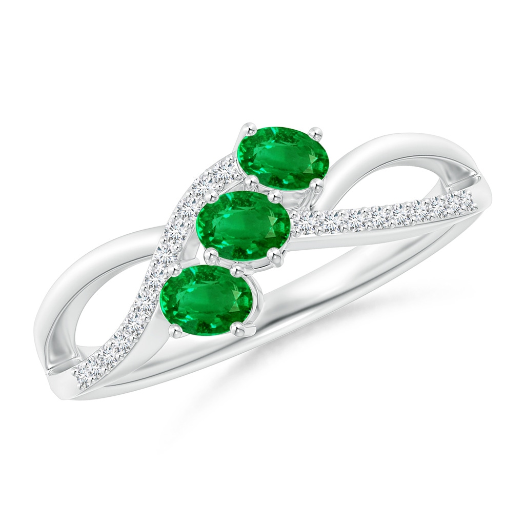4x3mm AAAA Oval Emerald Three Stone Bypass Ring with Diamonds in White Gold