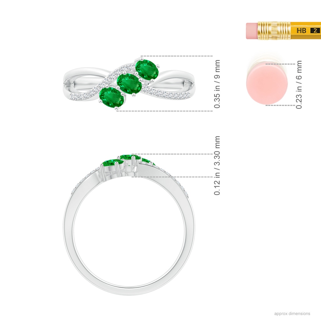 4x3mm AAAA Oval Emerald Three Stone Bypass Ring with Diamonds in White Gold Ruler