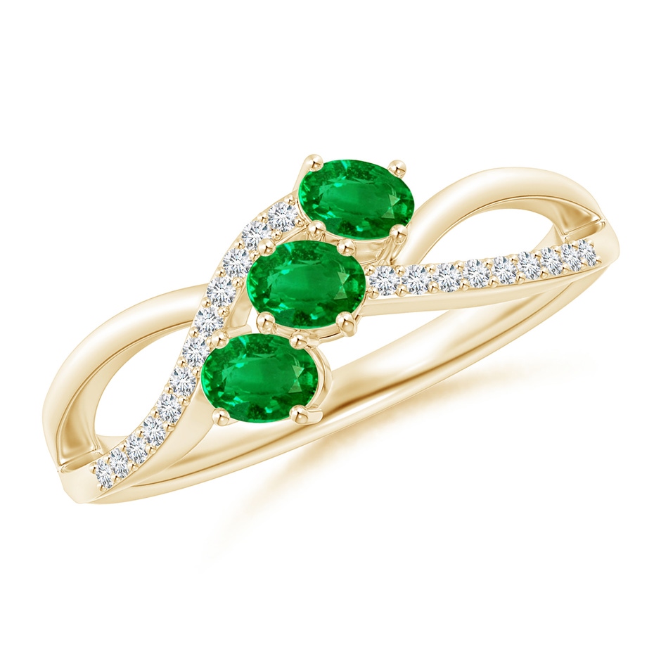 4x3mm AAAA Oval Emerald Three Stone Bypass Ring with Diamonds in Yellow Gold 