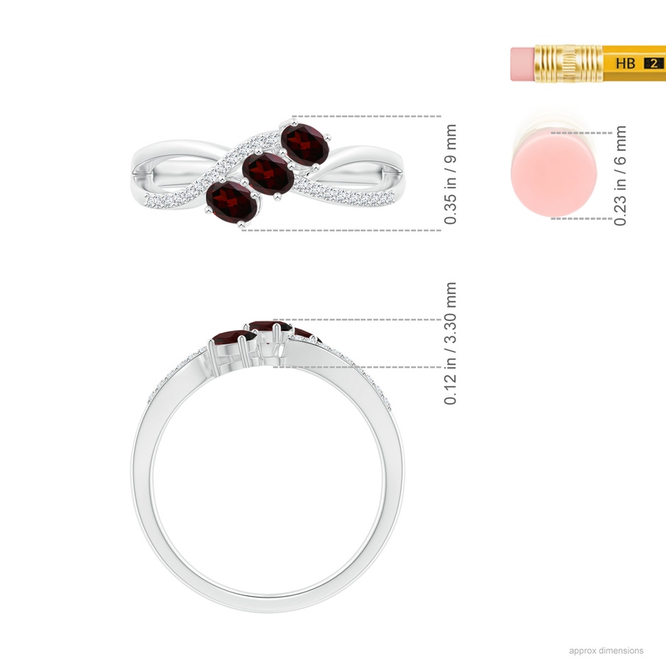 4x3mm A Oval Garnet Three Stone Bypass Ring with Diamonds in P950 Platinum ruler