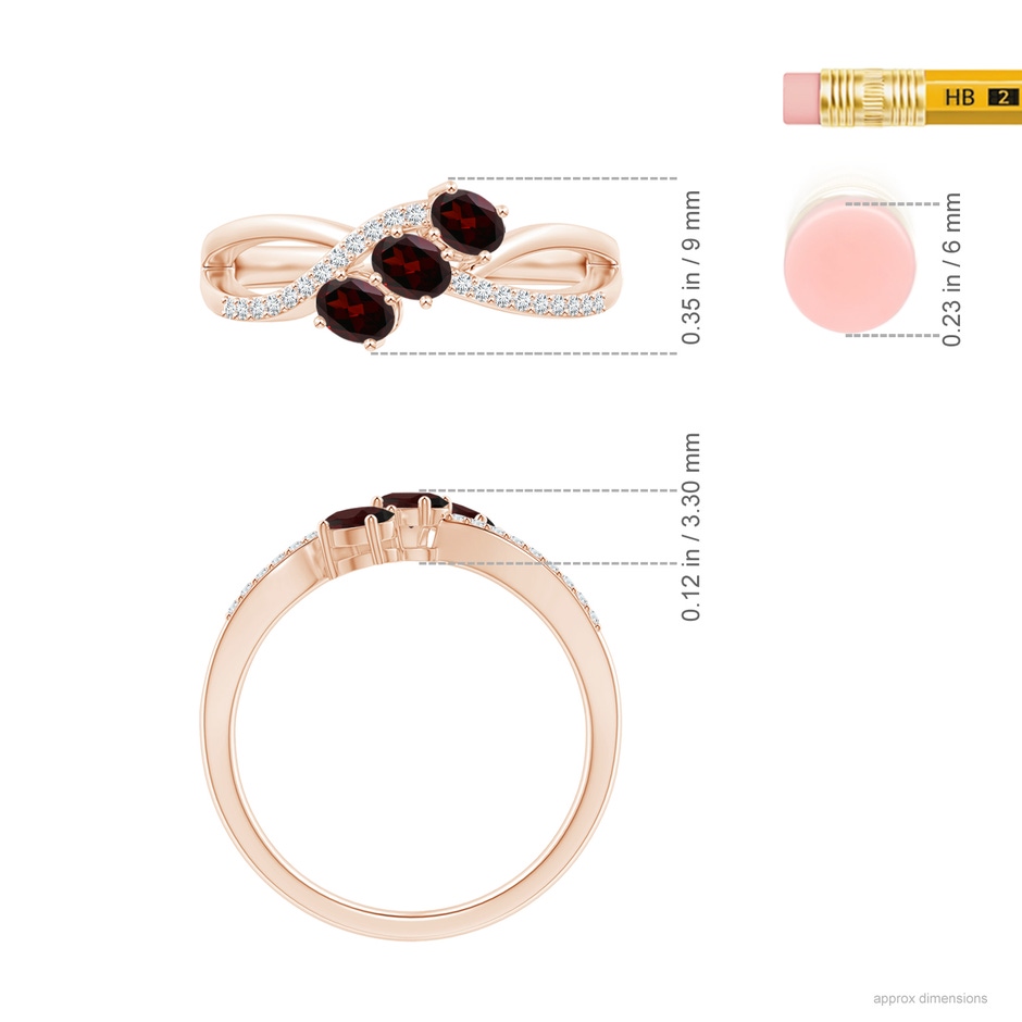 4x3mm A Oval Garnet Three Stone Bypass Ring with Diamonds in Rose Gold ruler